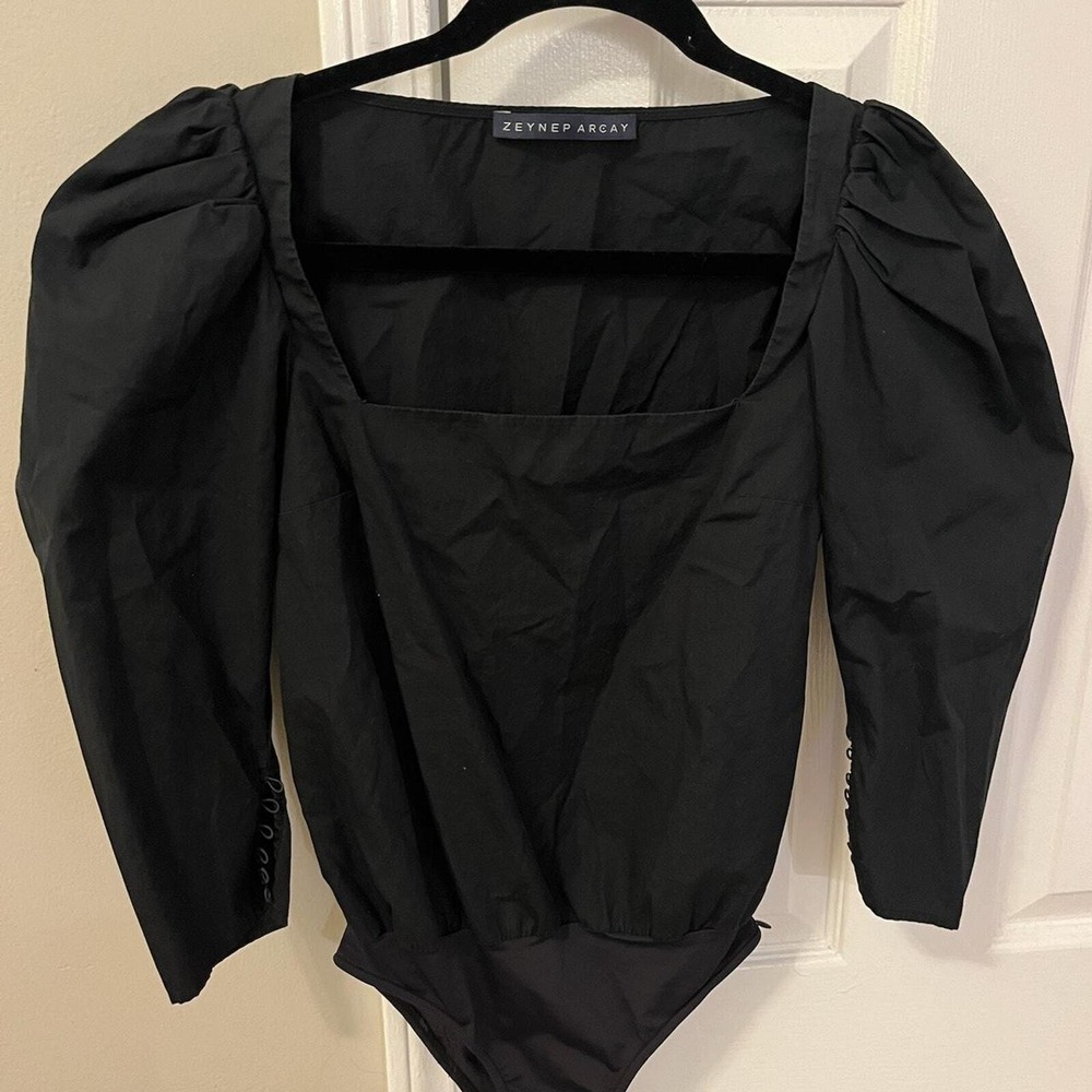 Zeynep Arcay Black Cotton Puff‎ Sleeve Square Neck Bodysuit US 0 FR 32